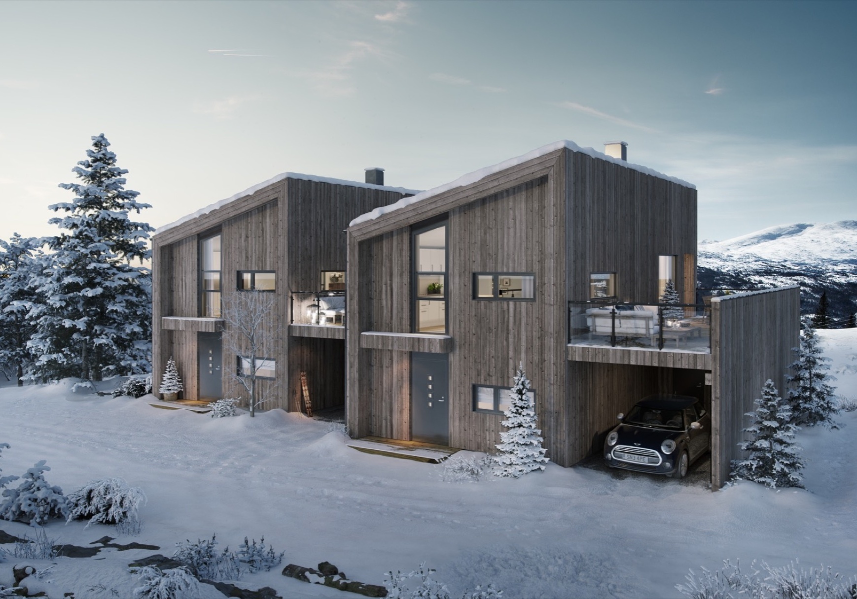 Fasade av to brune hytter i rekke med terrasse mellom. Snølandskap og fjell i bakgrunnen. Illustrasjon