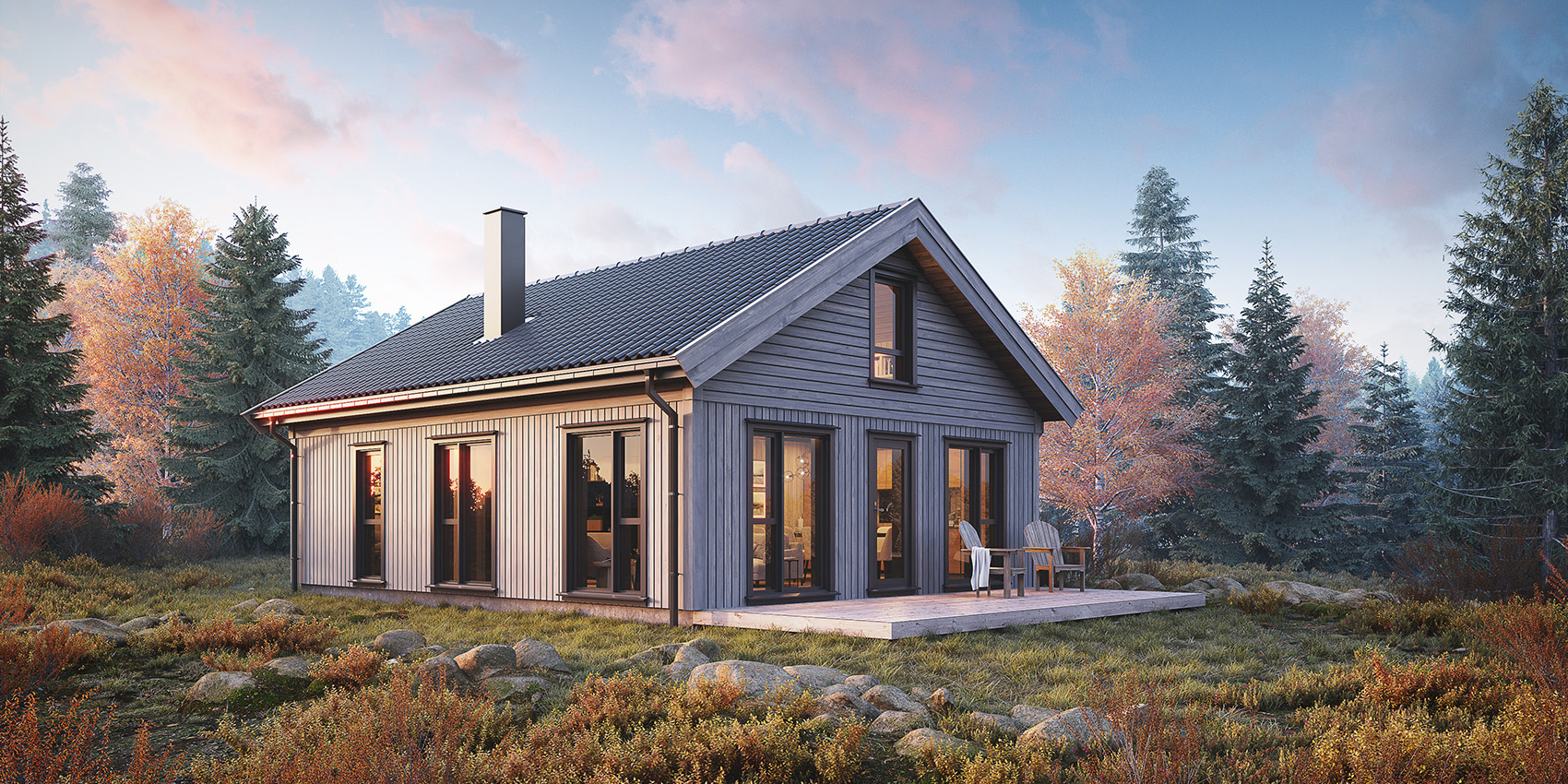 Grå hytte store vinduer og med skog i bakgrunn. illustrasjon